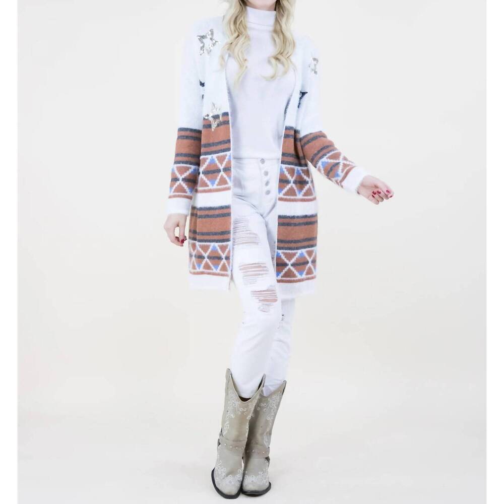 NEW ORIGINAL USA geo print eyelash cardigan in white multi